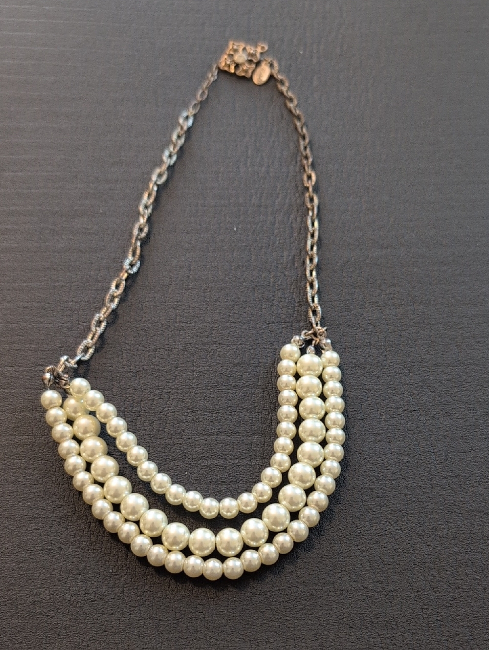 Triple Strand AEO Ivory Pearl Necklace with Antique Silver Chain